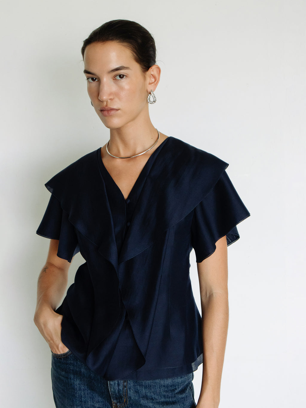 Ruffled Peplum Blouse Navy