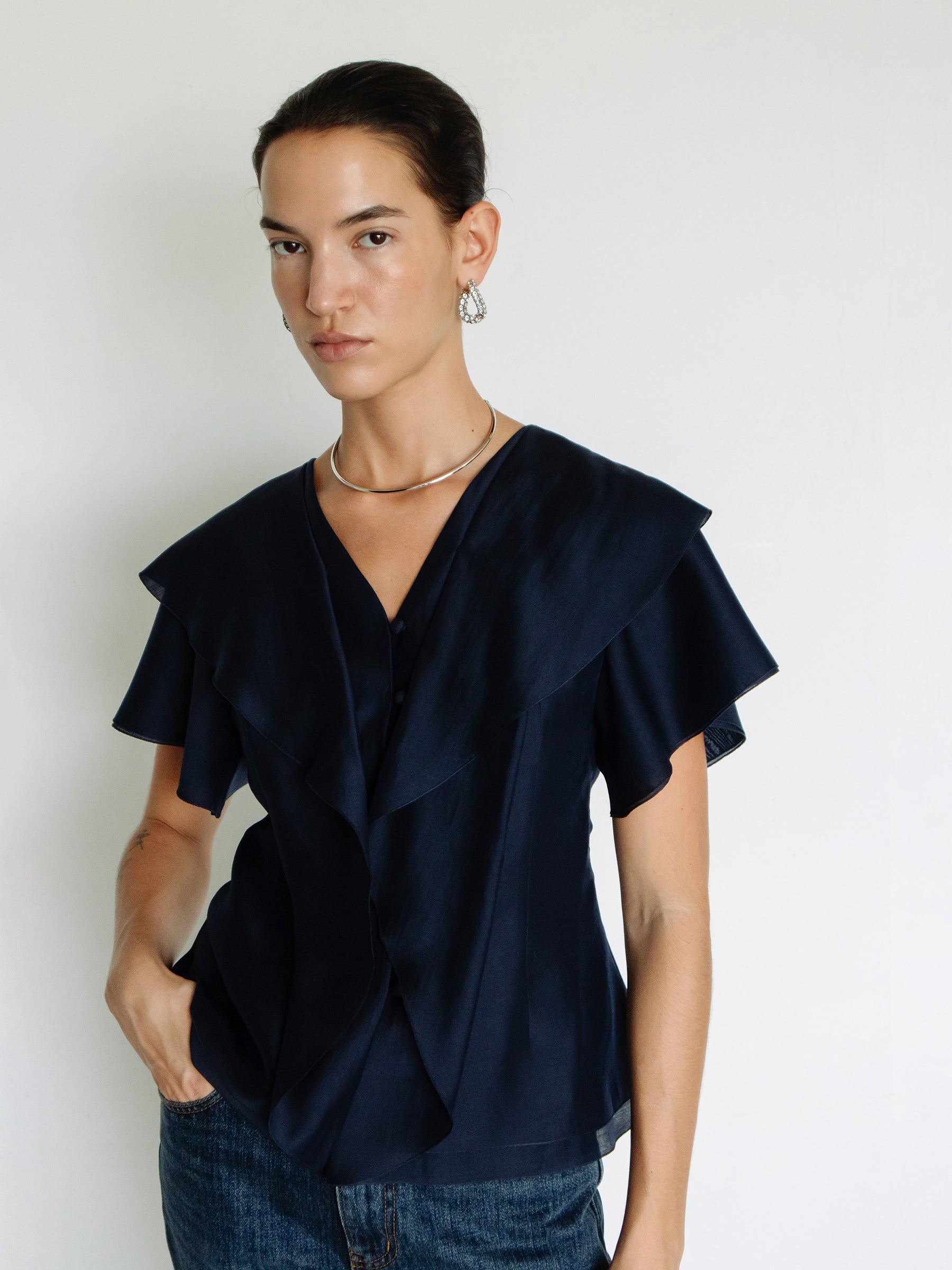 Ruffled Peplum Blouse Navy