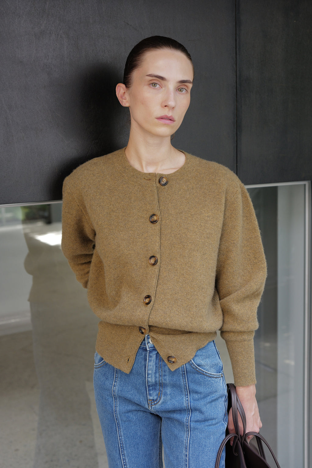 100% Cashmere Double-knit Cardigan Khaki Brown