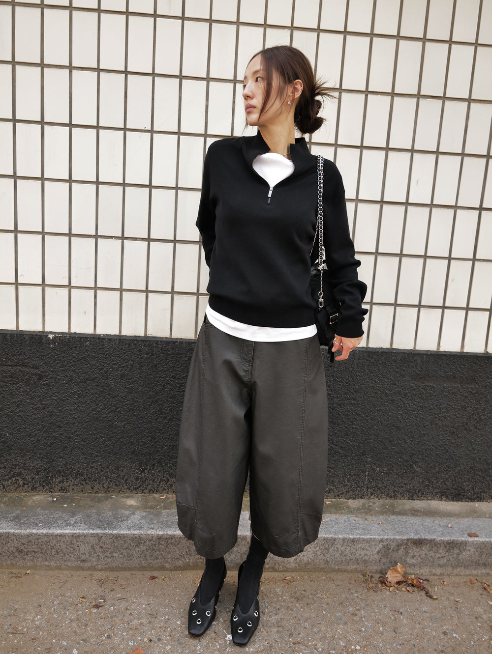 Washable Wool Cotton Half-Zip Knit Black