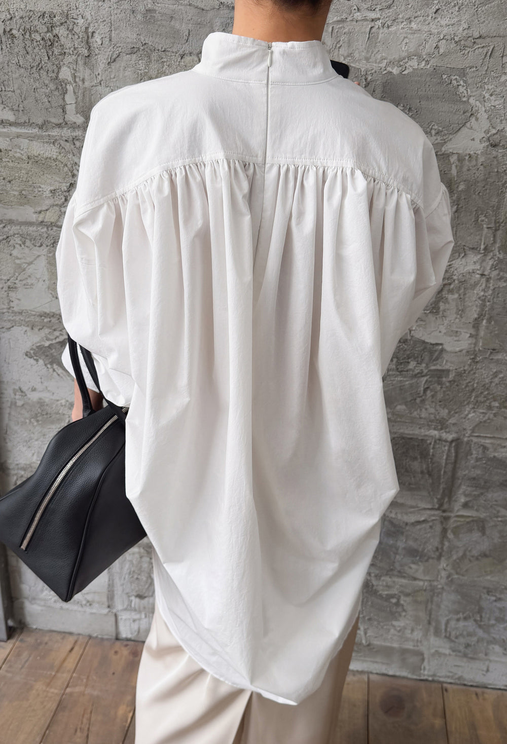 High-neck Shirring Blouse White