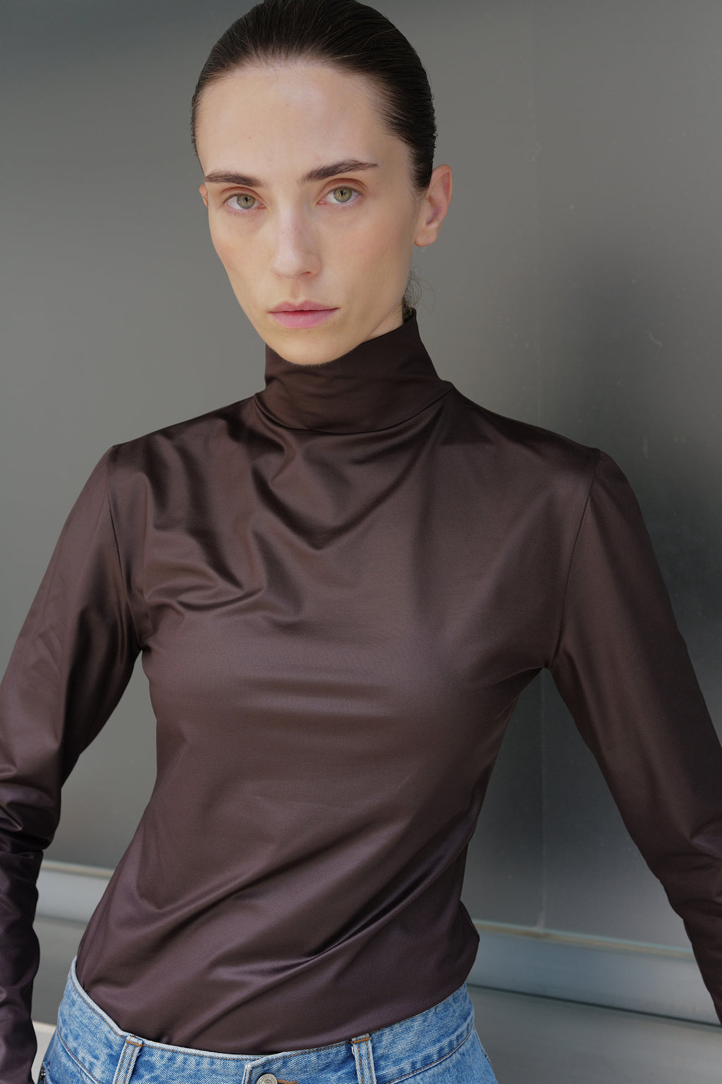 Metallic Turtleneck Top Brown
