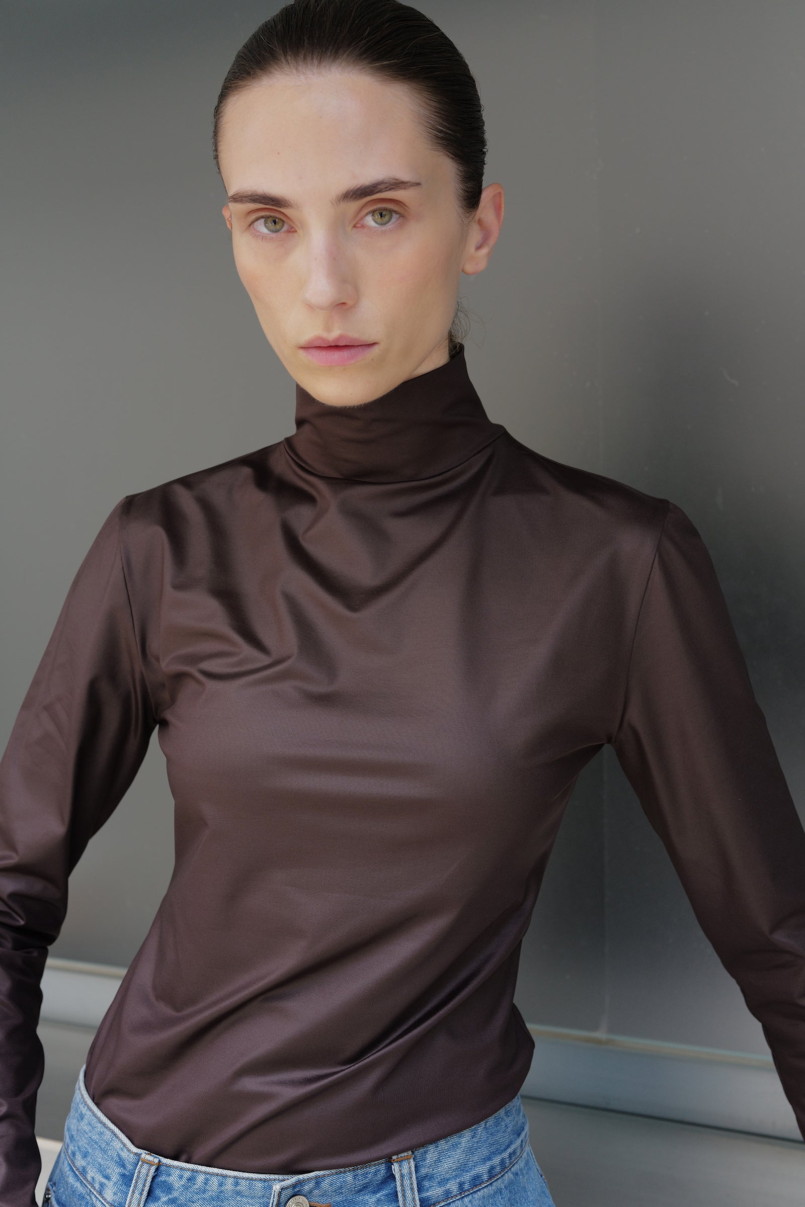 Metallic Turtleneck Top Brown