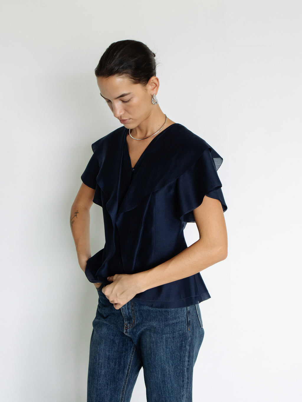 Ruffled Peplum Blouse Navy