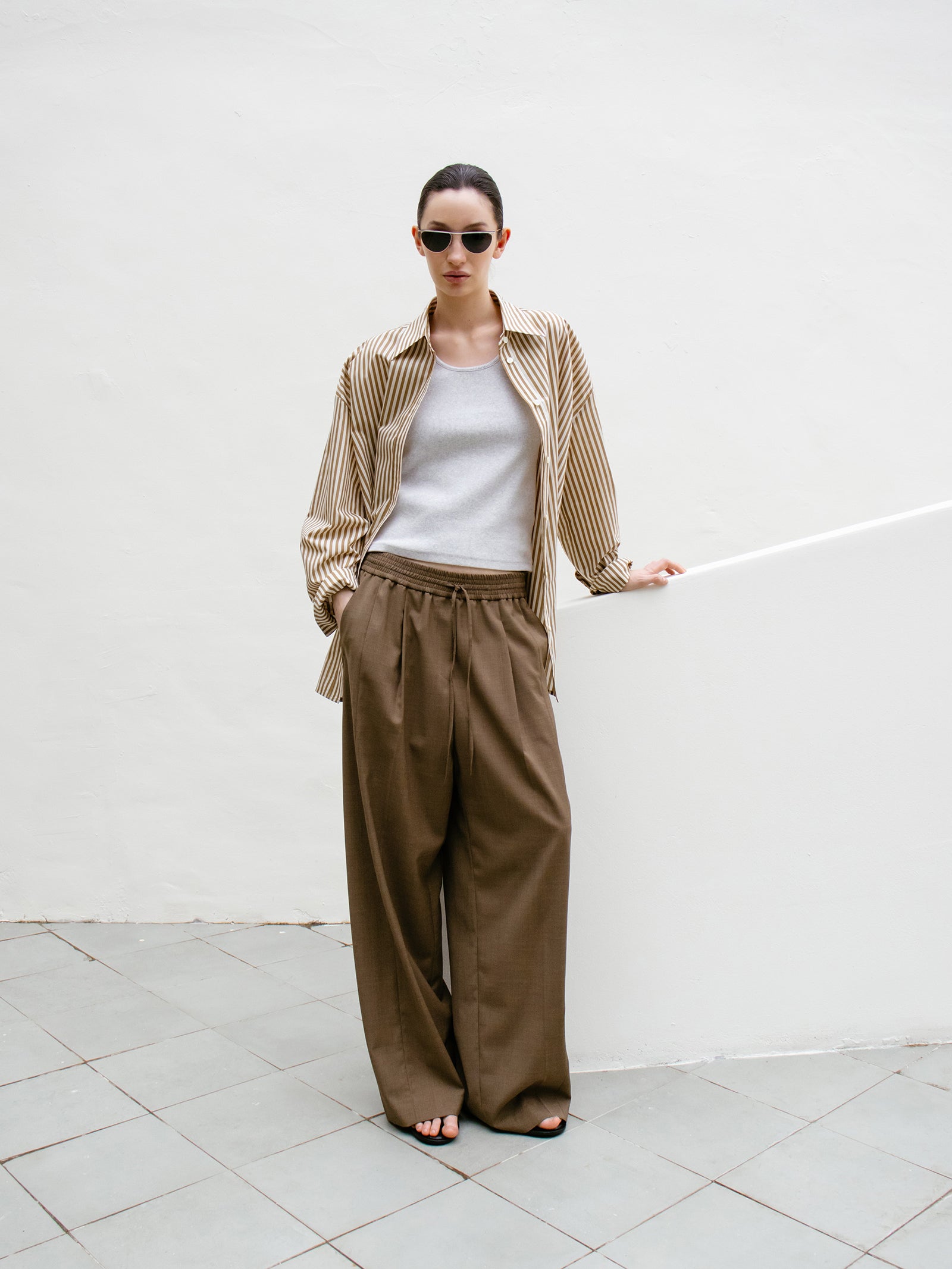 Summer Wool Banding Pants Brown