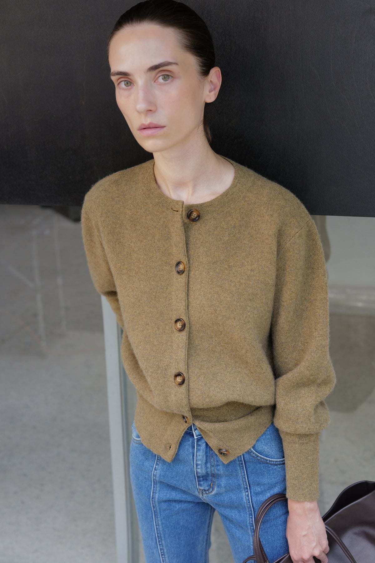 100% Cashmere Double-knit Cardigan Khaki Brown