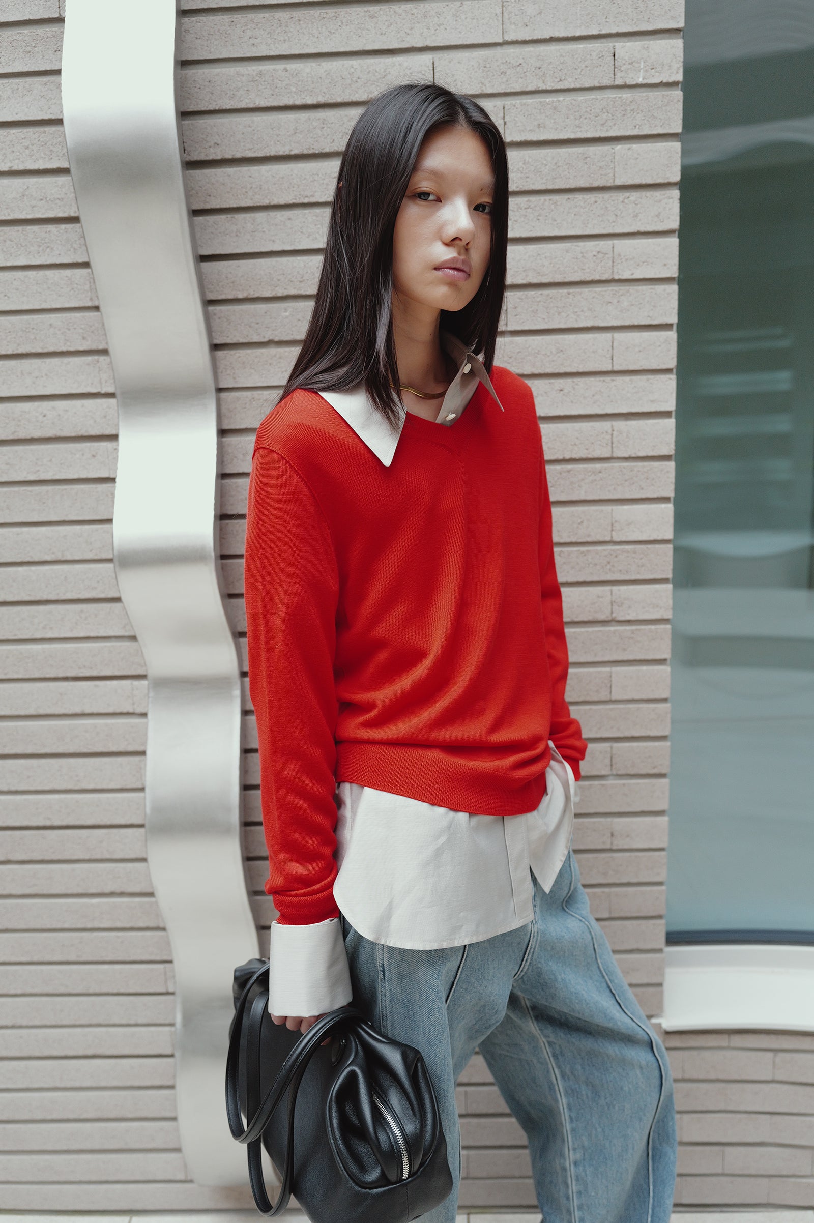 Washable 100% Wool V-neck Pullover Red