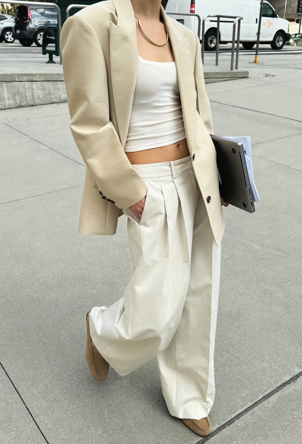 Cotton Wide Trousers Beige