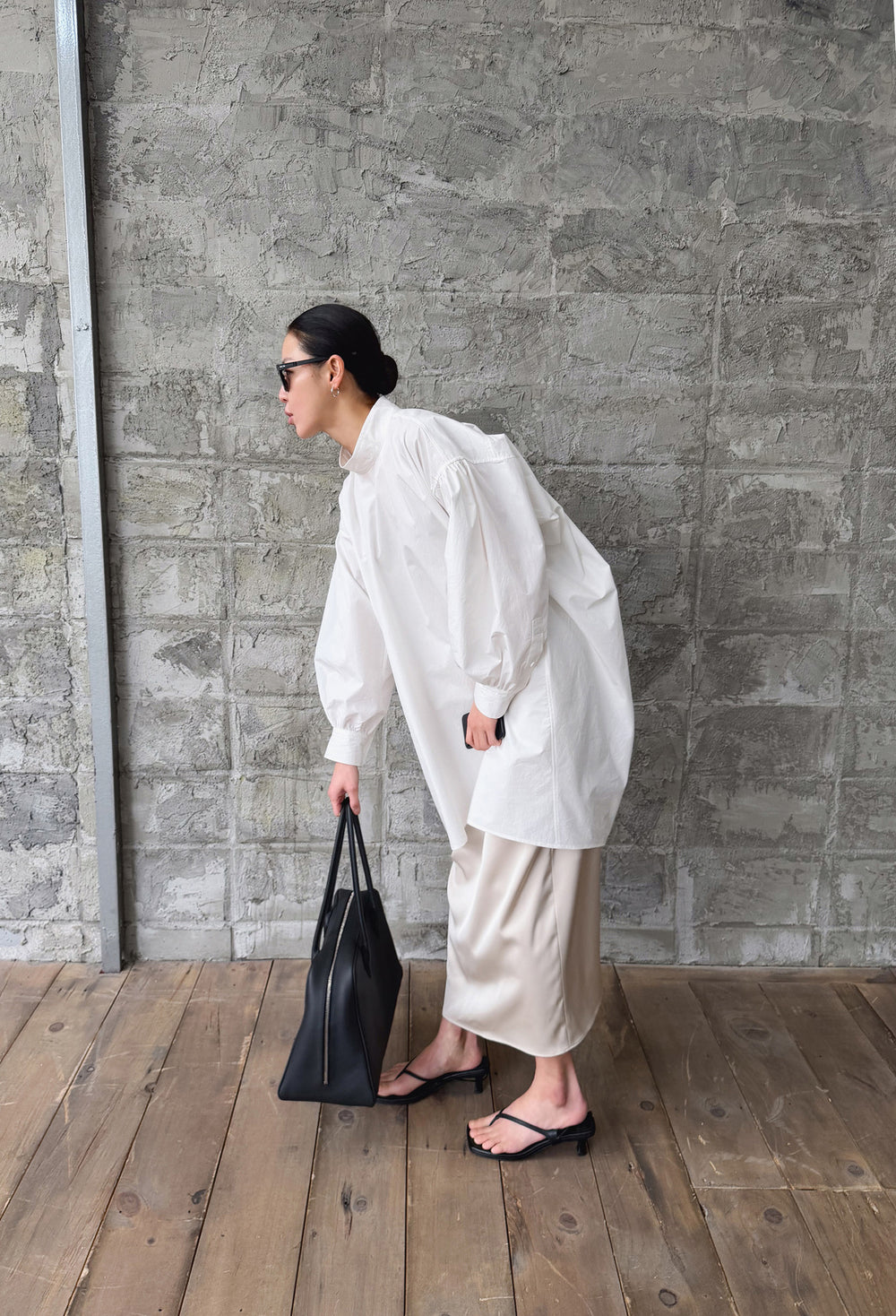 High-neck Shirring Blouse White