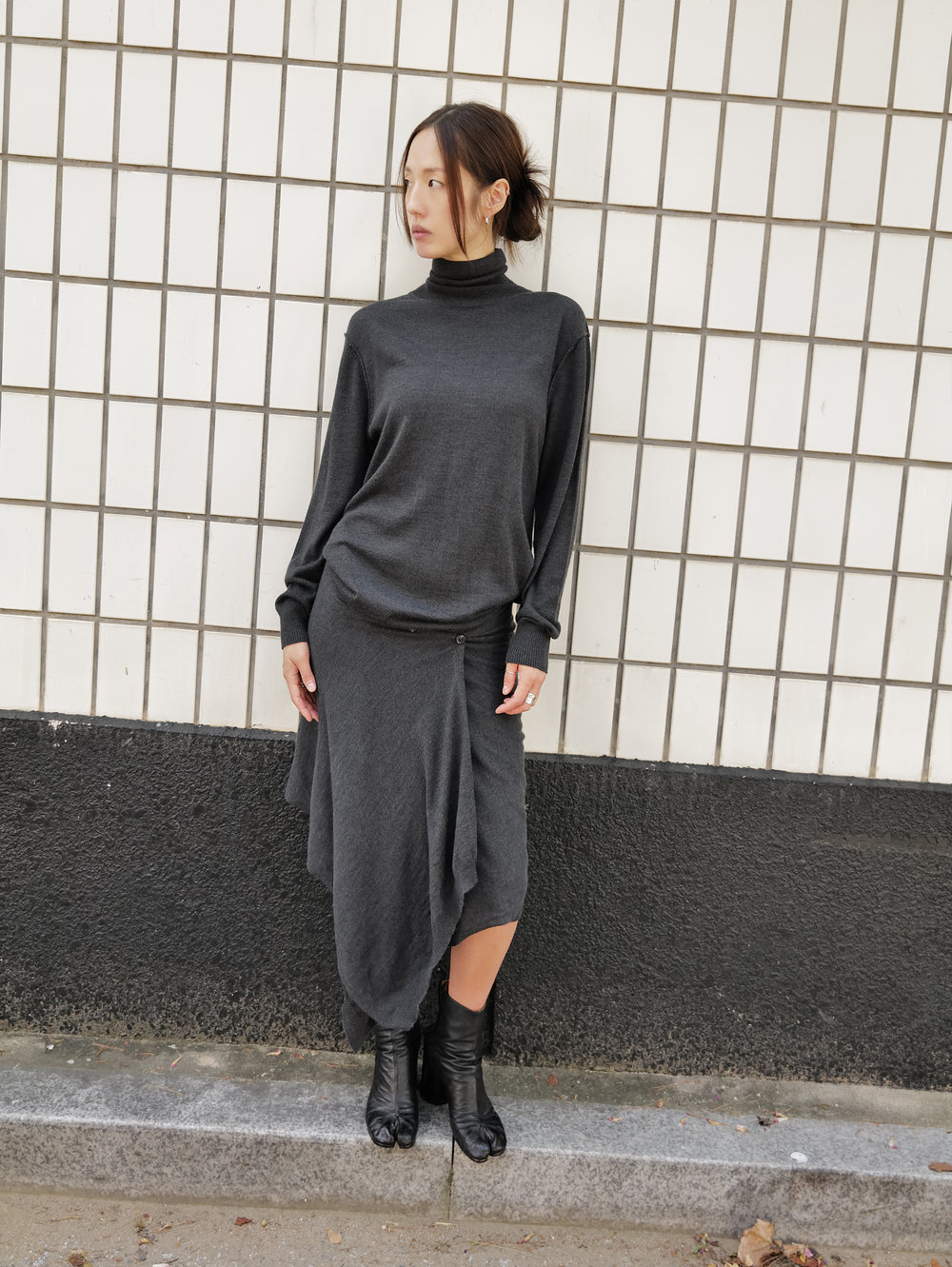 Wool blend knit dress charcoal