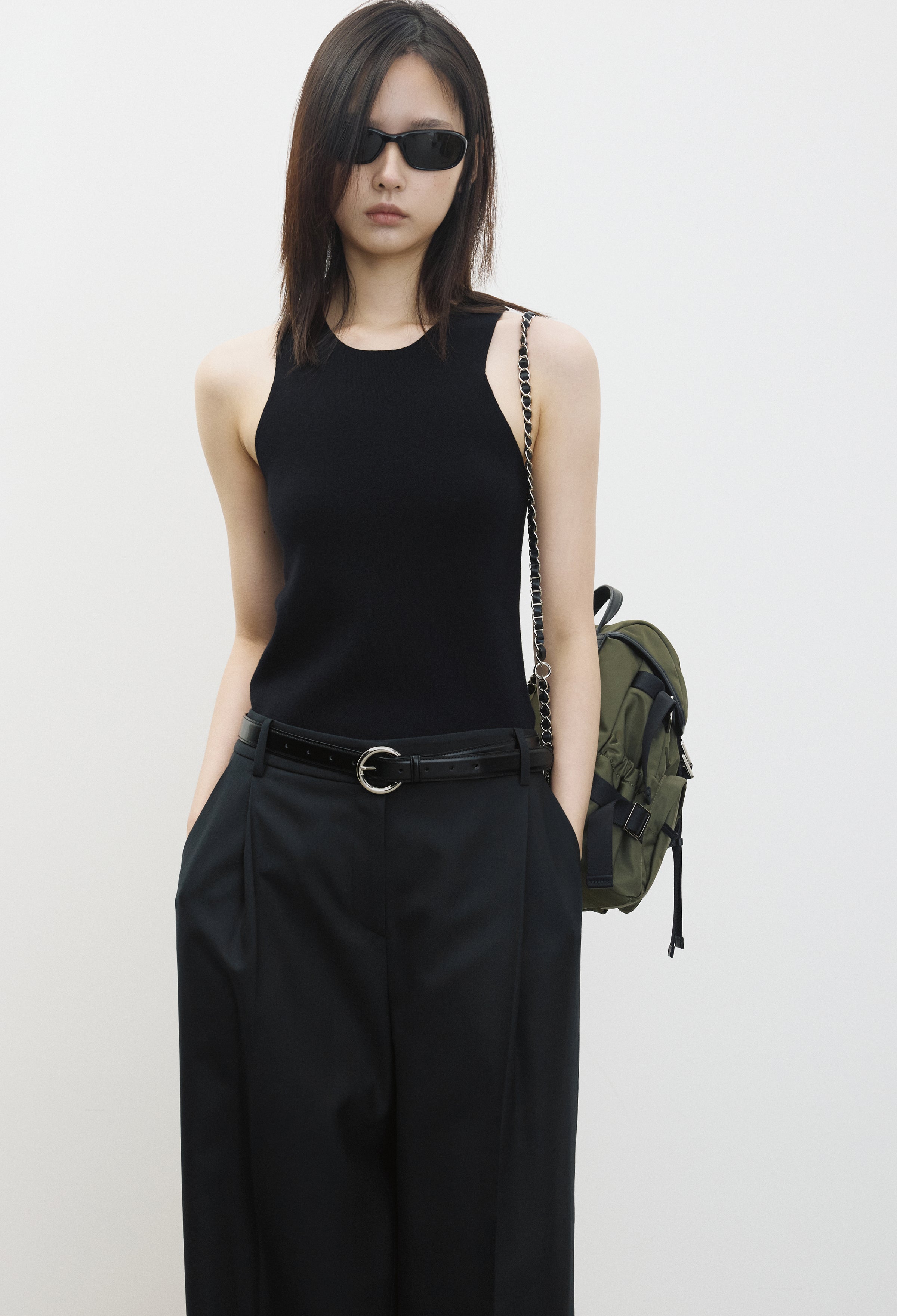 Circle Buckle Belt Black Silver