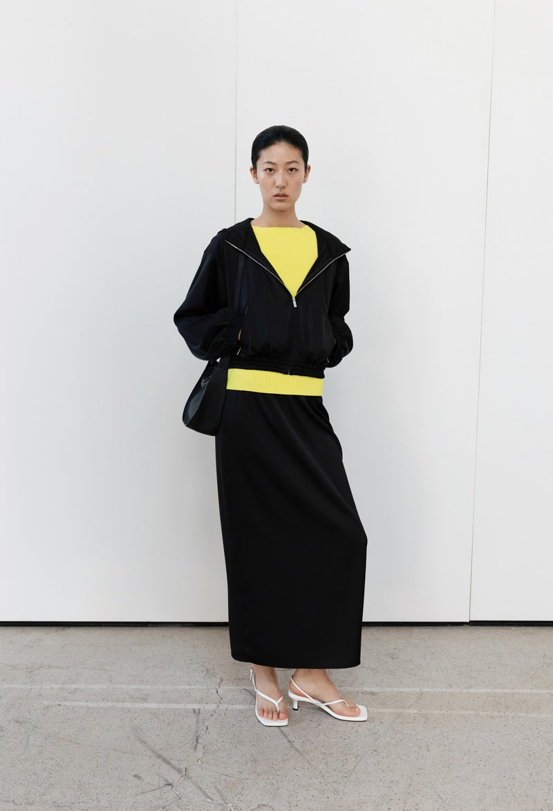 Satin shirred-waist skirt, black