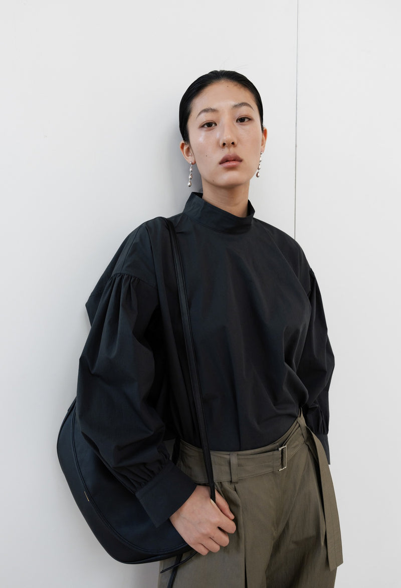 High-neck Shirred Blouse Dark Gray