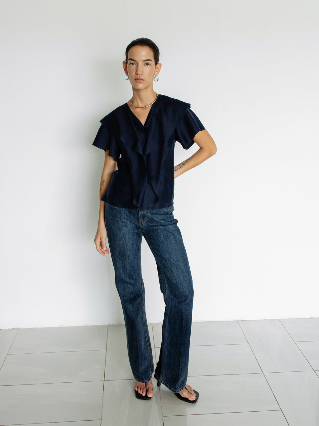 Ruffled Peplum Blouse Navy