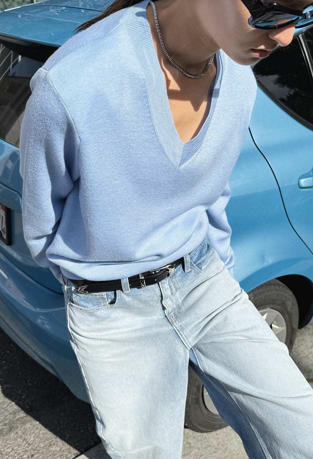 Spring Wool V-Neck Pullover Light Blue