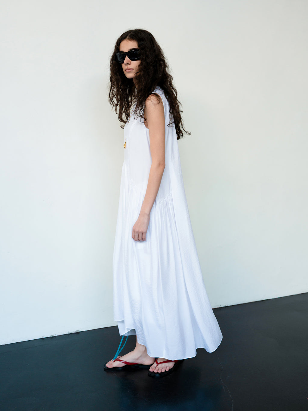 Flowy Shirring One-piece Dress White