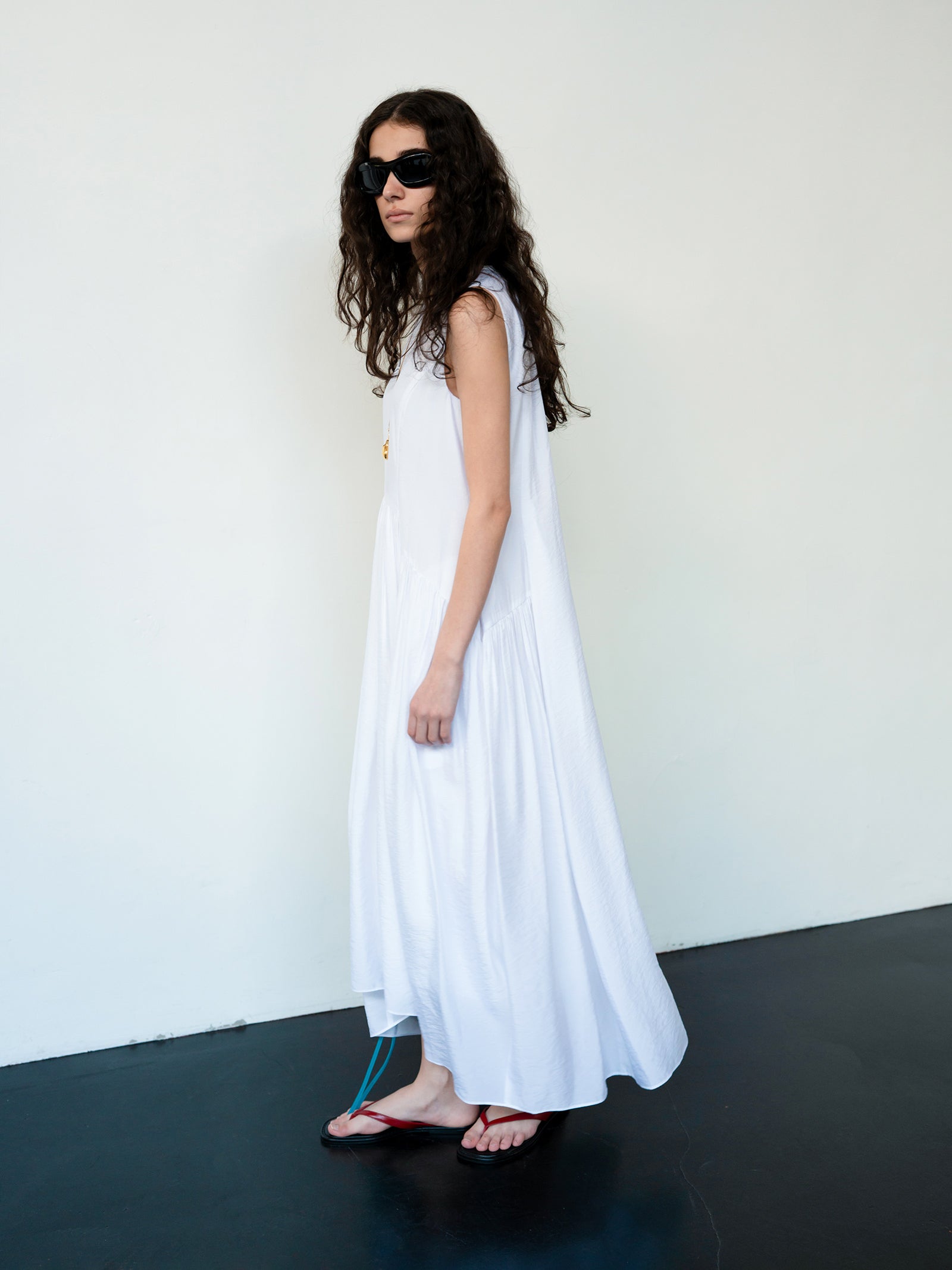 Flowy Shirring One-piece Dress White