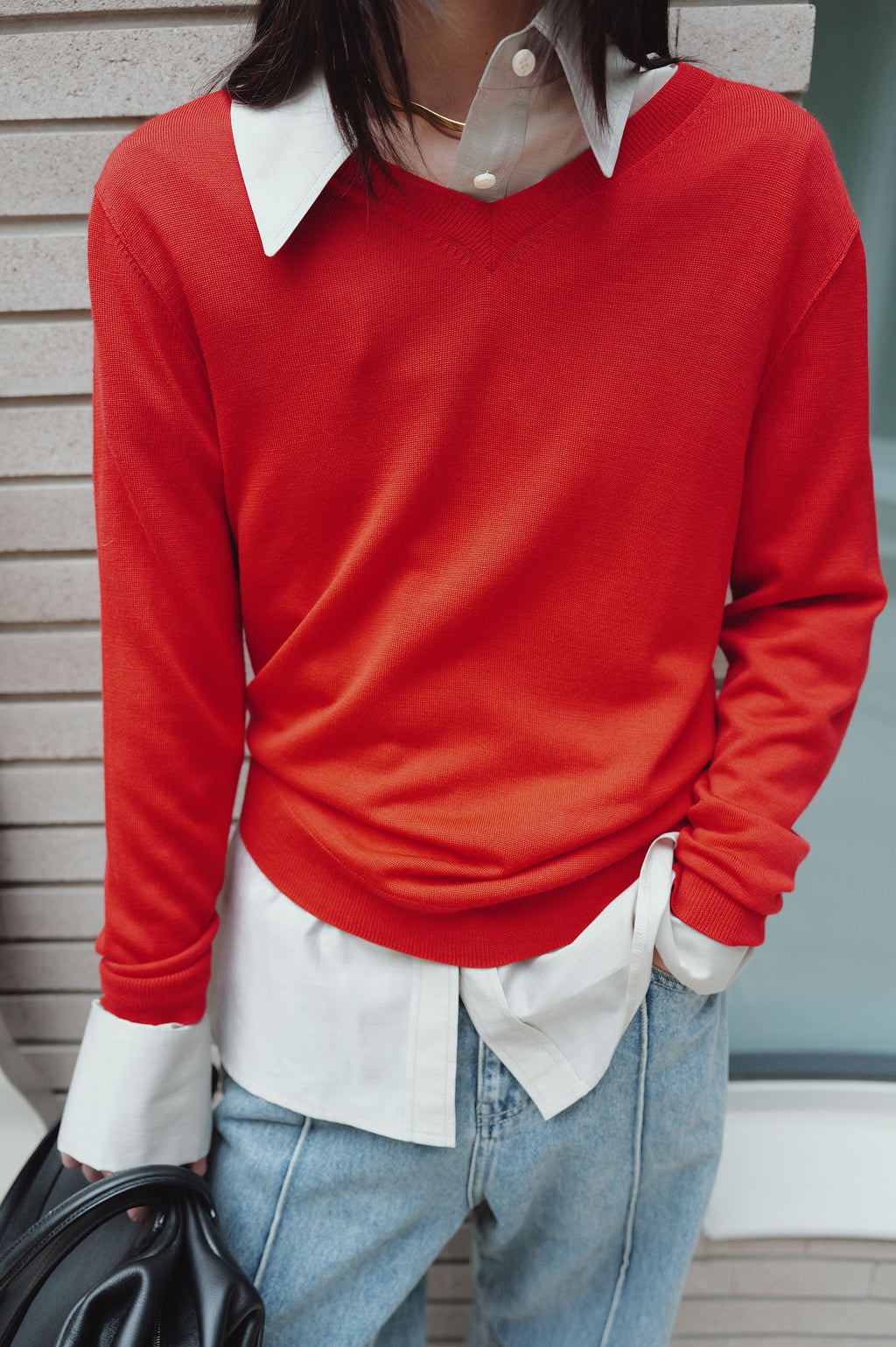 Washable 100% Wool V-neck Pullover Red