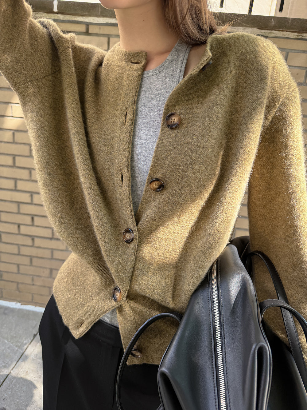 100% Cashmere Double-knit Cardigan Khaki Brown