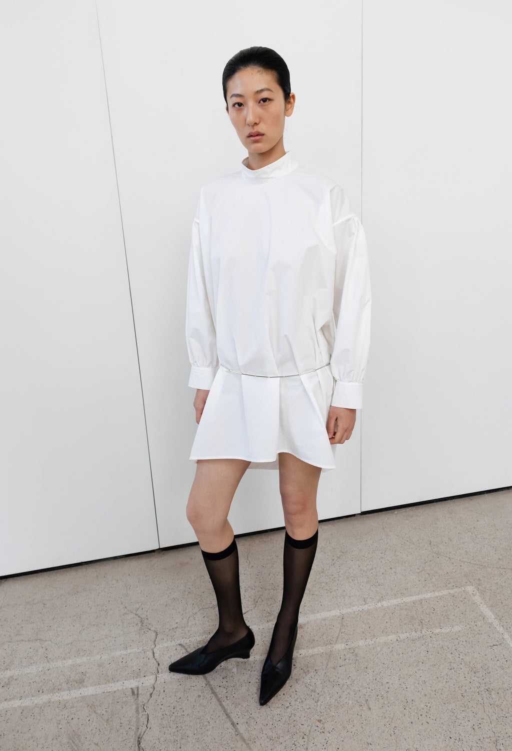 High-neck Shirring Blouse White