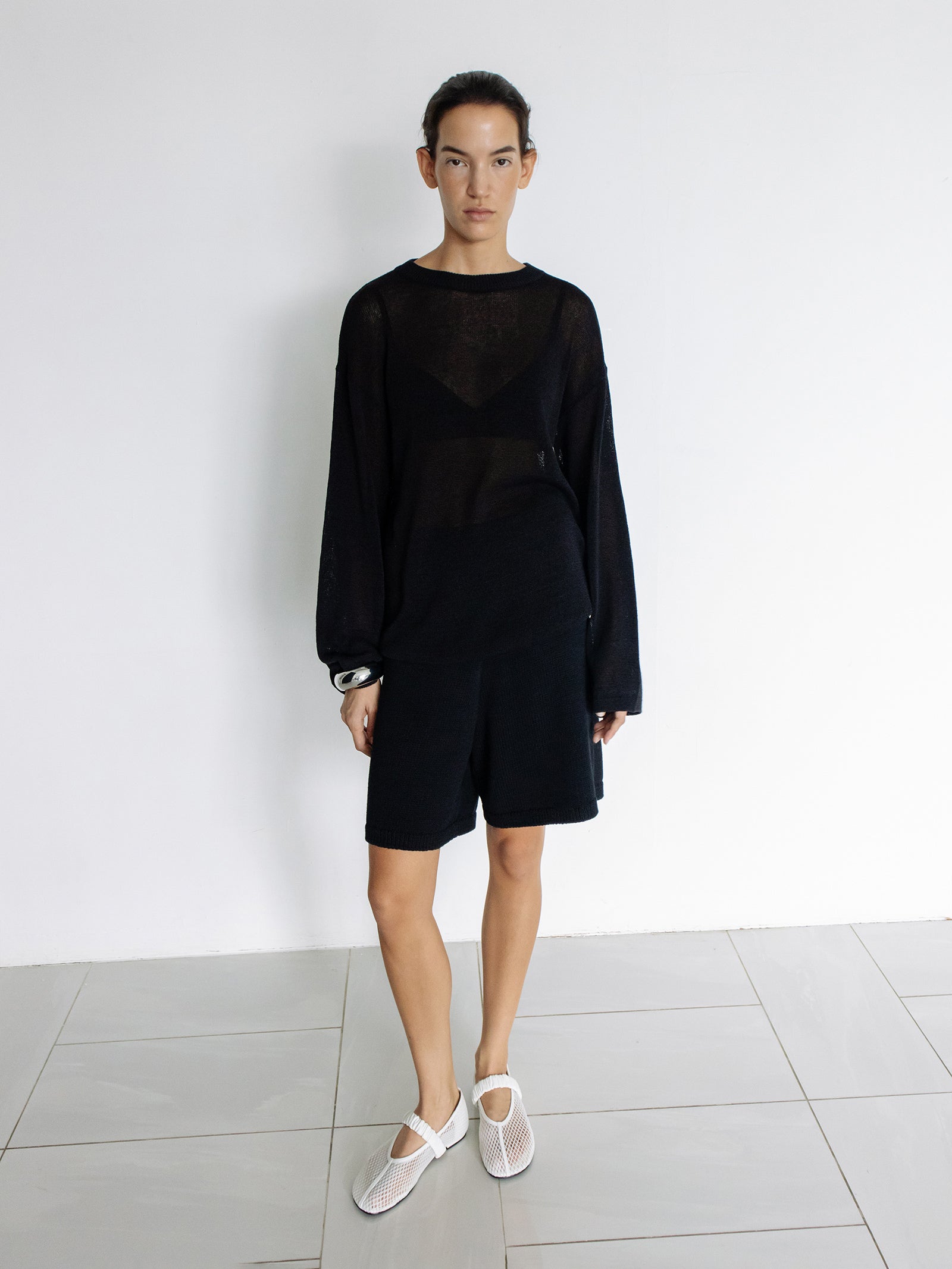 Sheer Round Pullover Black