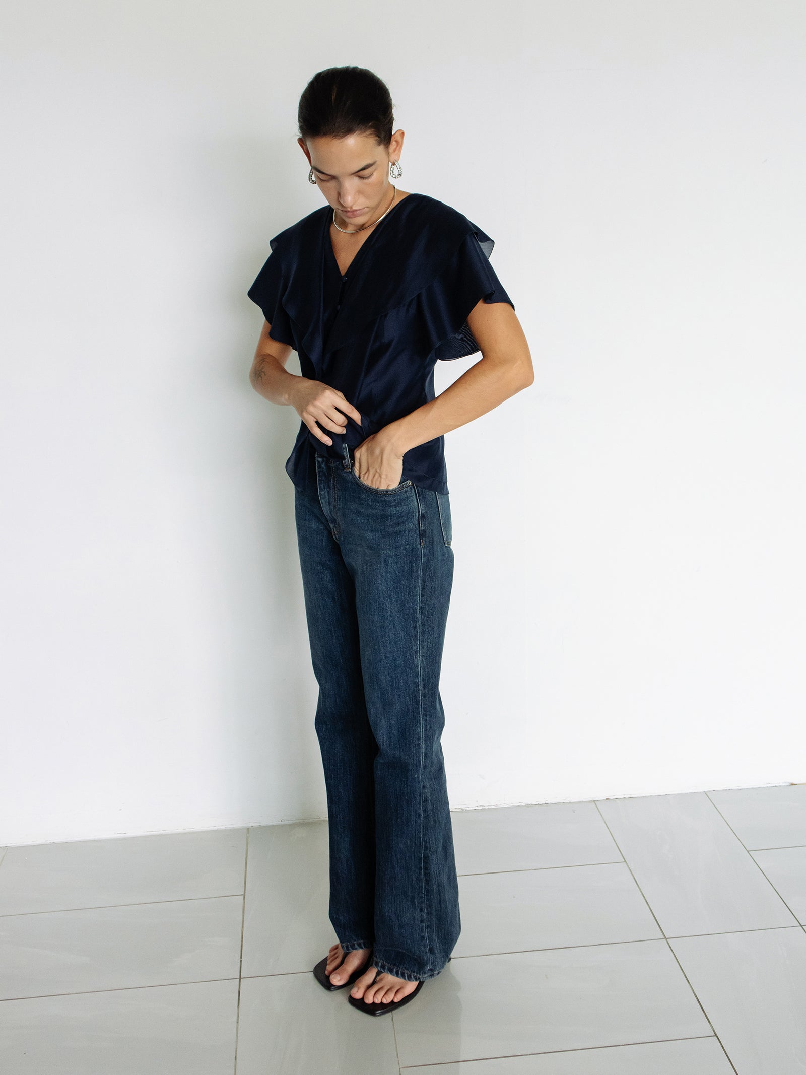 Ruffled Peplum Blouse Navy