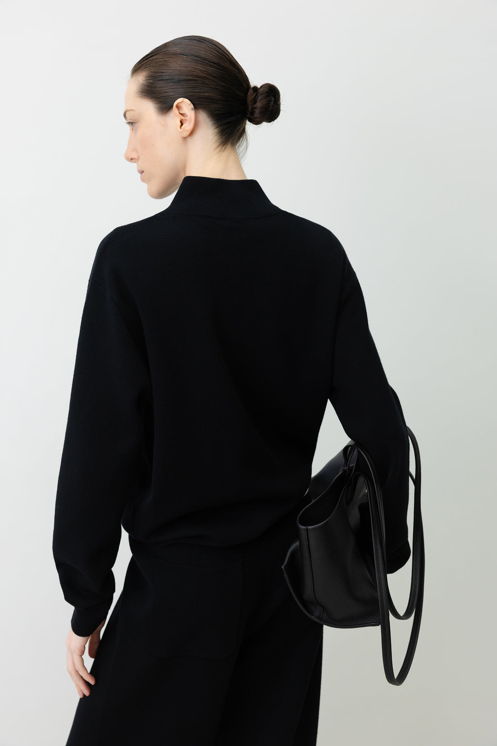 Washable Wool Cotton Half-Zip Knit Black