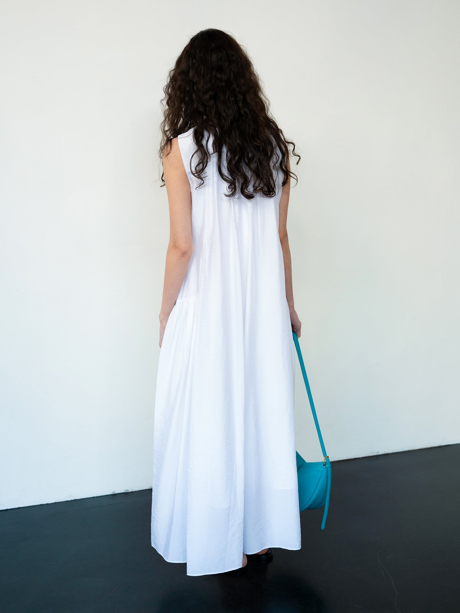 Flowy Shirring One-piece Dress White