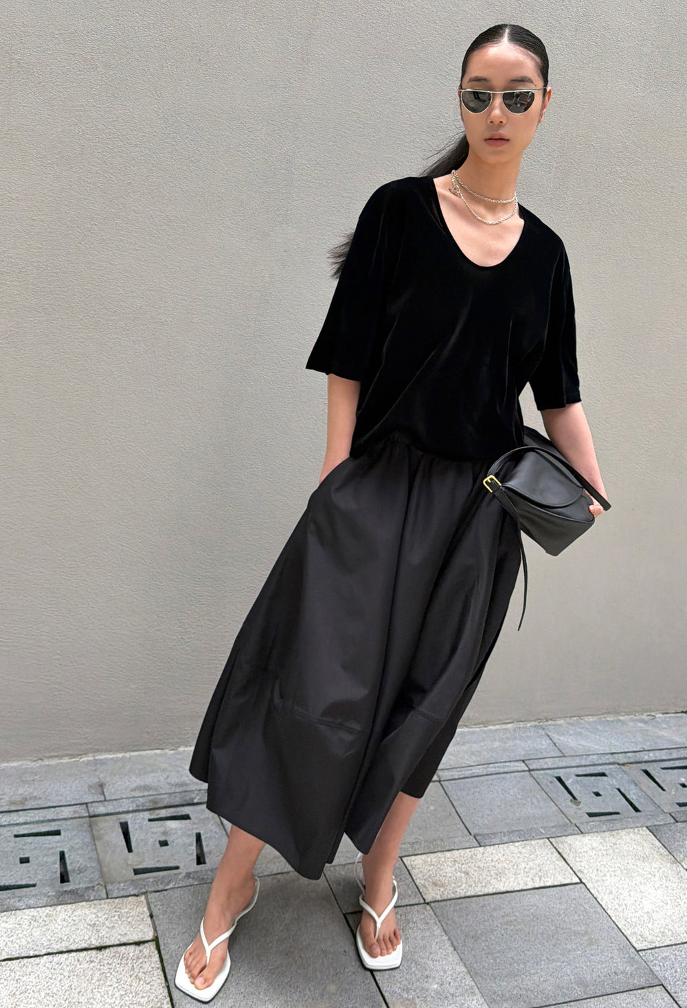 Velour U-neck T-shirt Black
