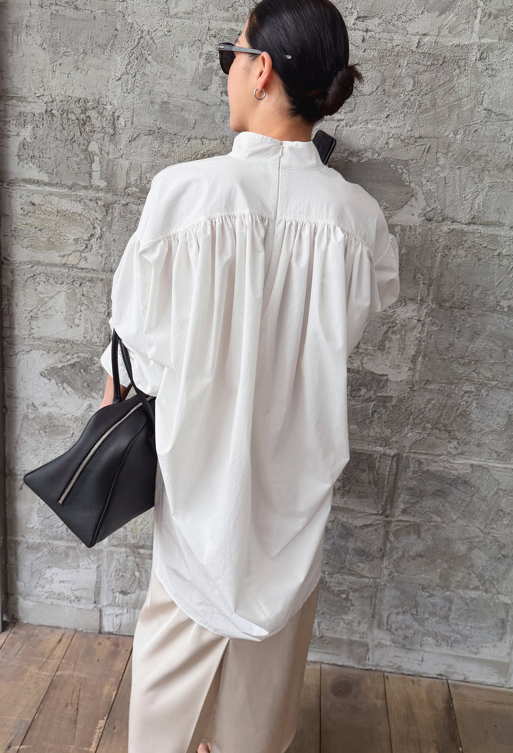 High-neck Shirring Blouse White