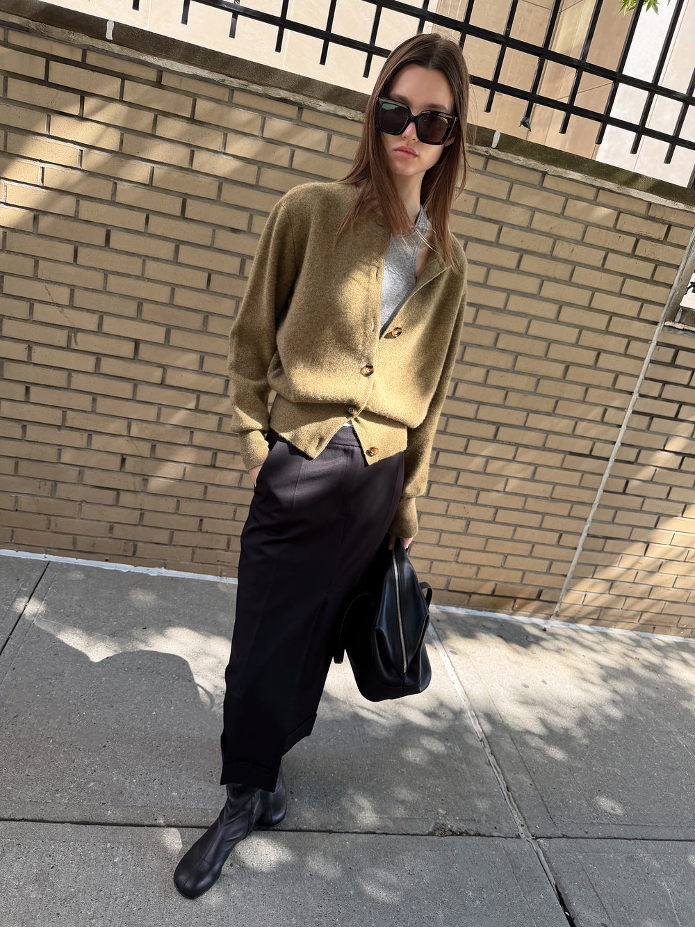 100% Cashmere Double-knit Cardigan Khaki Brown