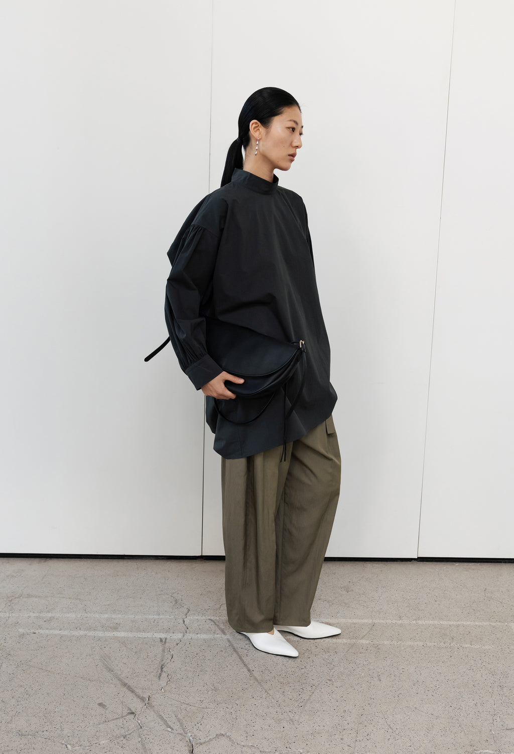 High-neck Shirred Blouse Dark Gray