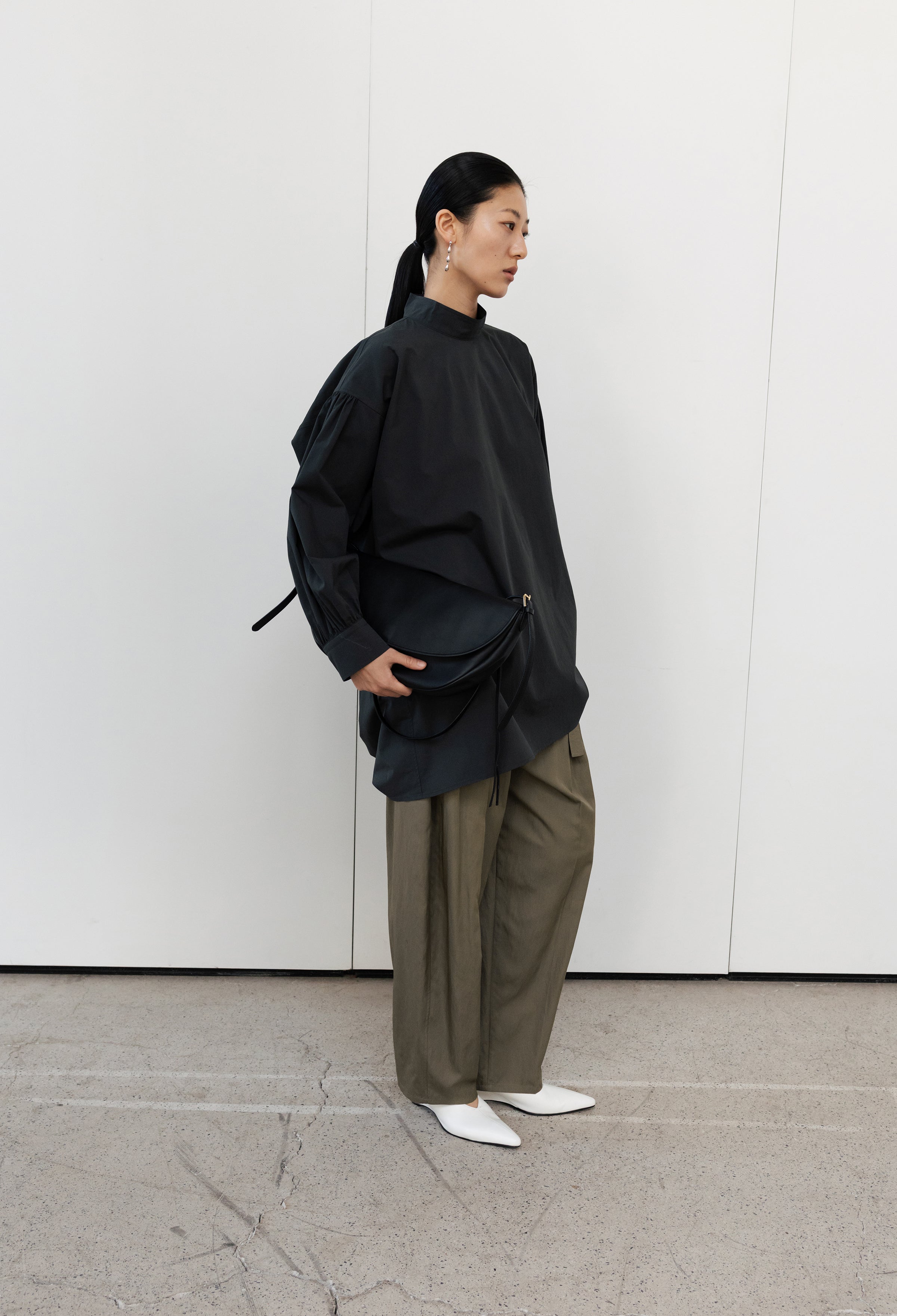 High-neck Shirred Blouse Dark Gray
