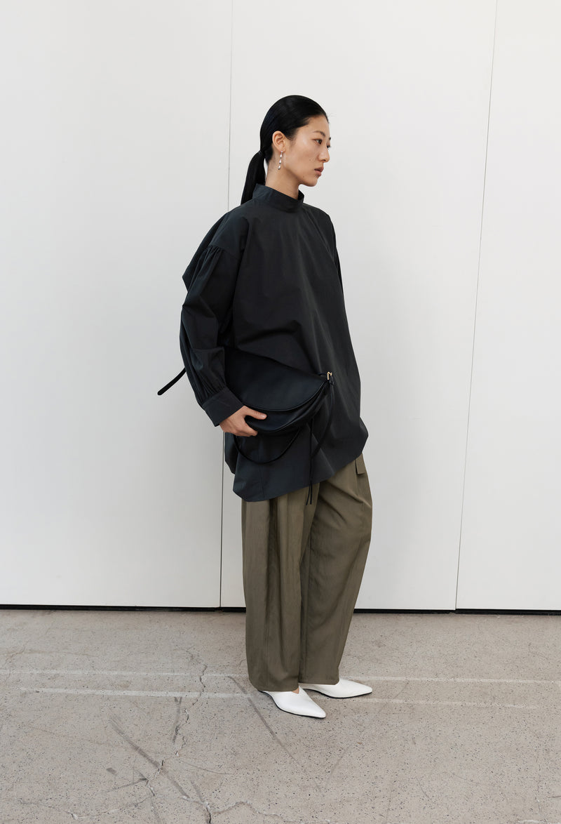 High-neck Shirred Blouse Dark Gray