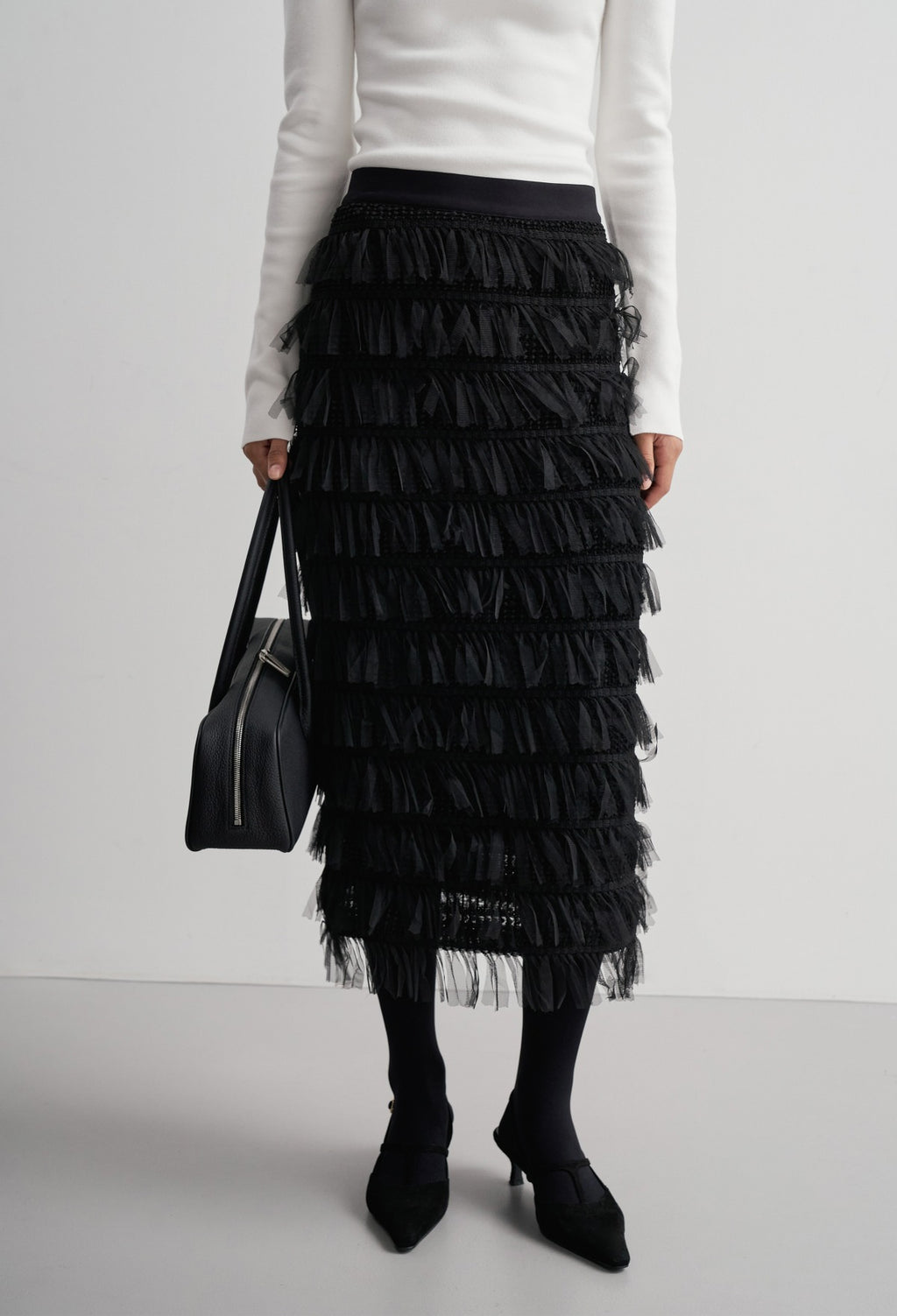메쉬 프린지 스커트 블랙