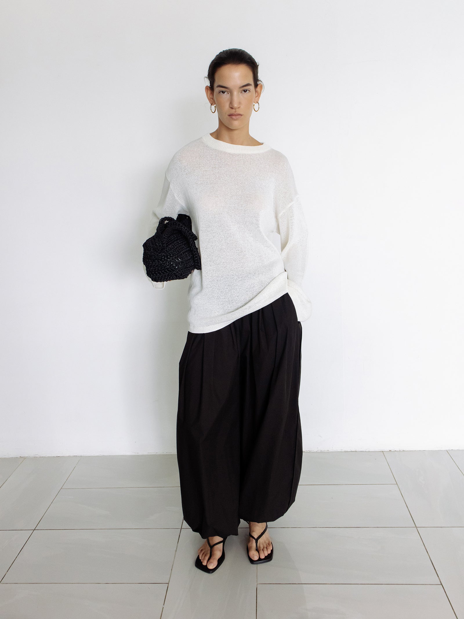 Sheer round pullover ivory