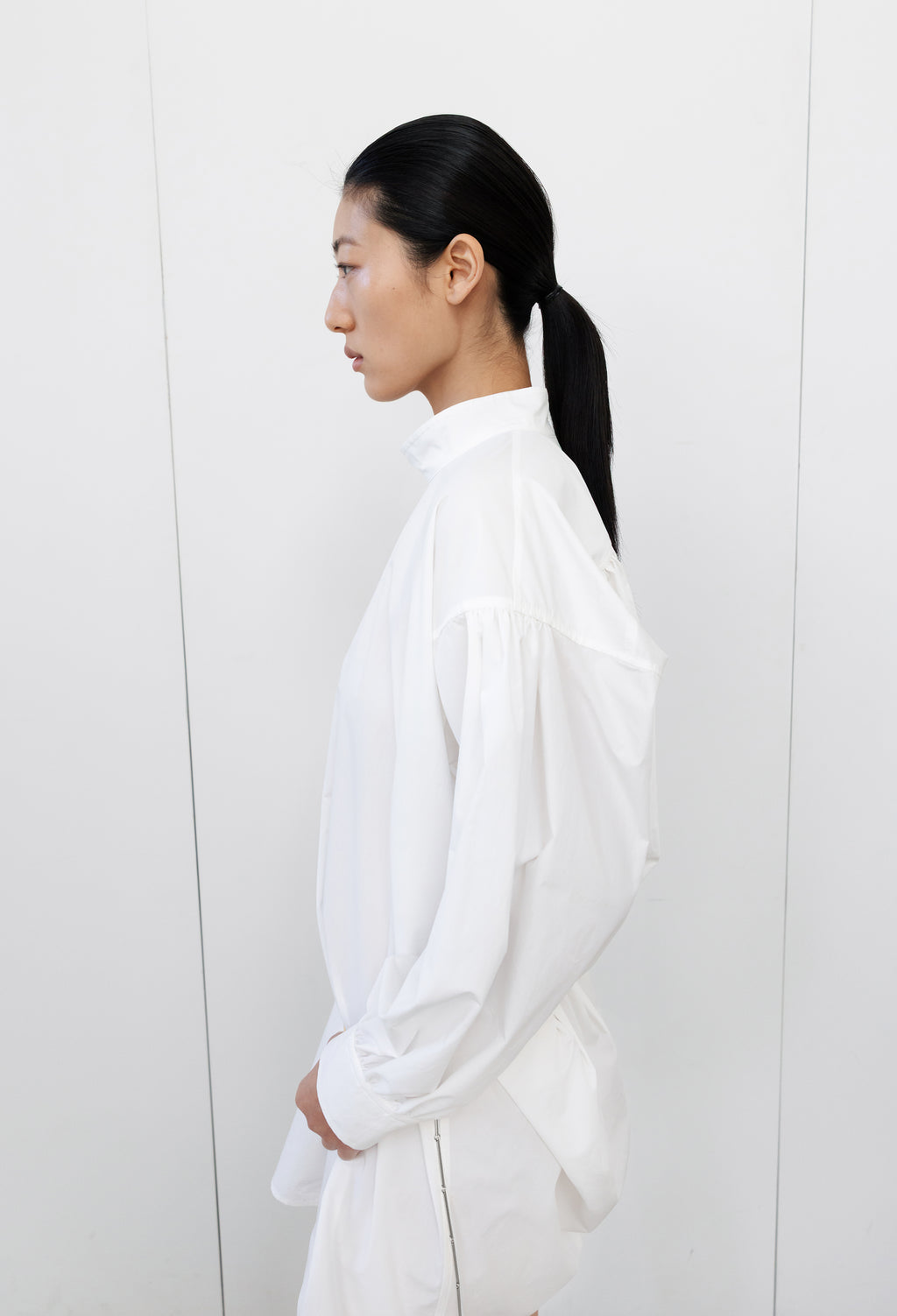 High-neck Shirring Blouse White