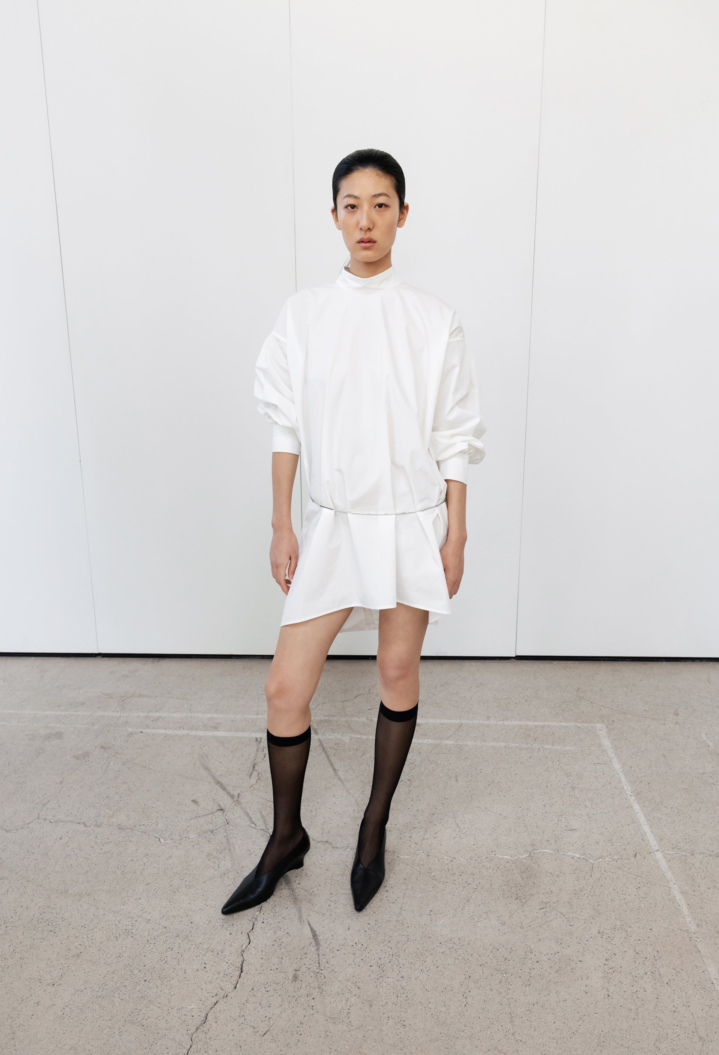 High-neck Shirring Blouse White