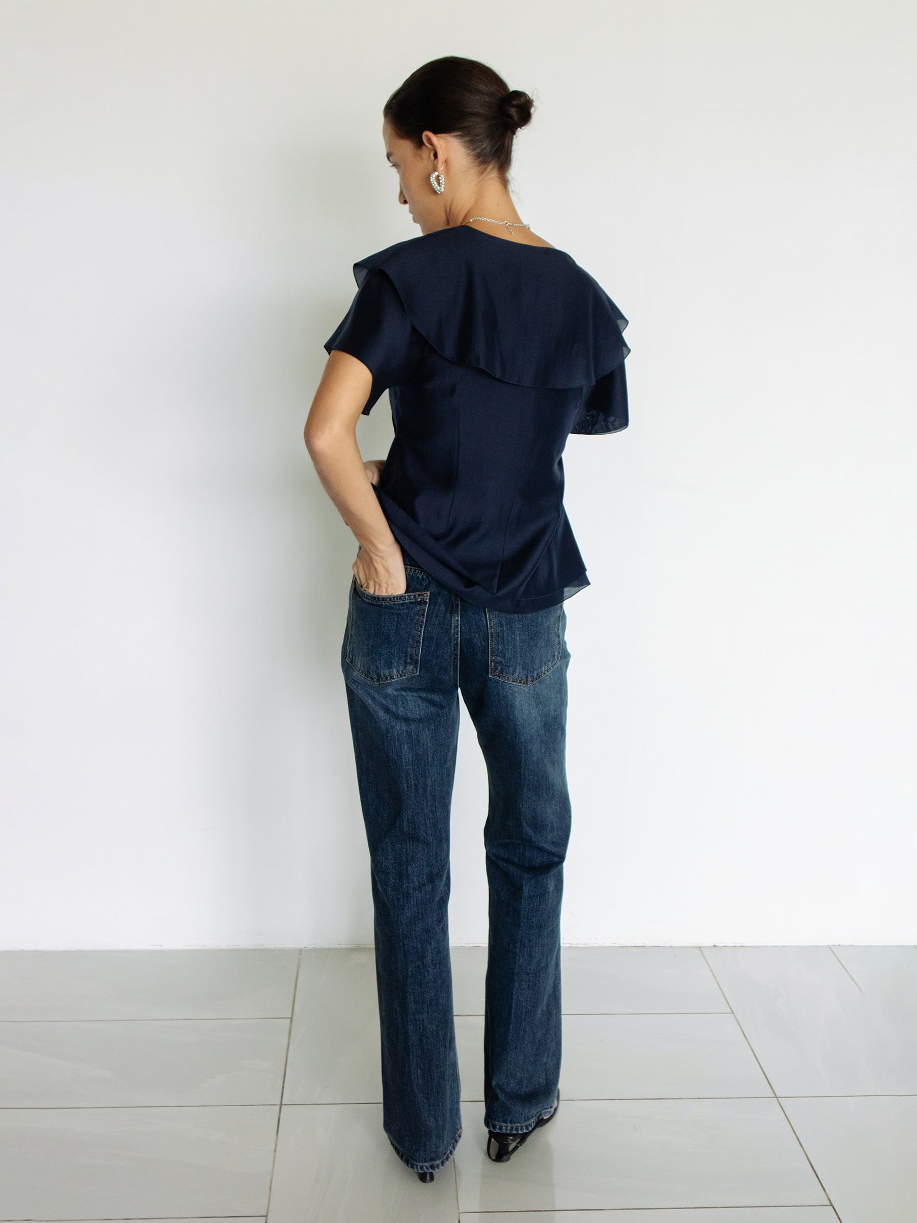 Ruffled Peplum Blouse Navy
