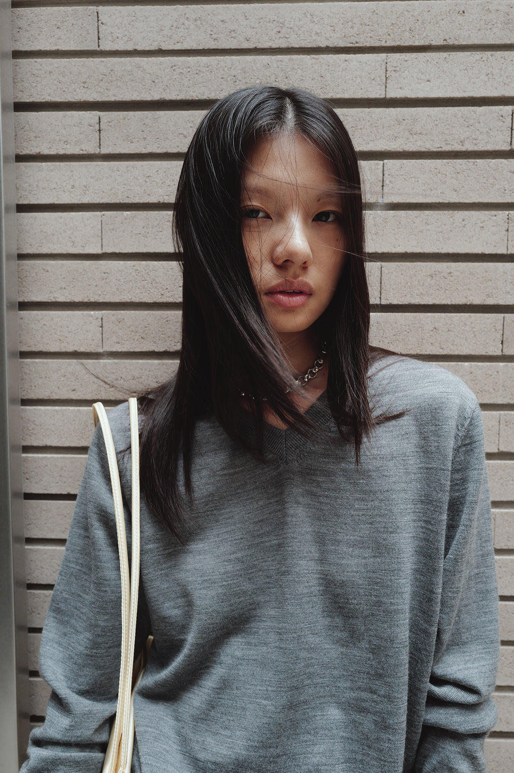 Washable 100% Wool V-neck Pullover Melange Gray