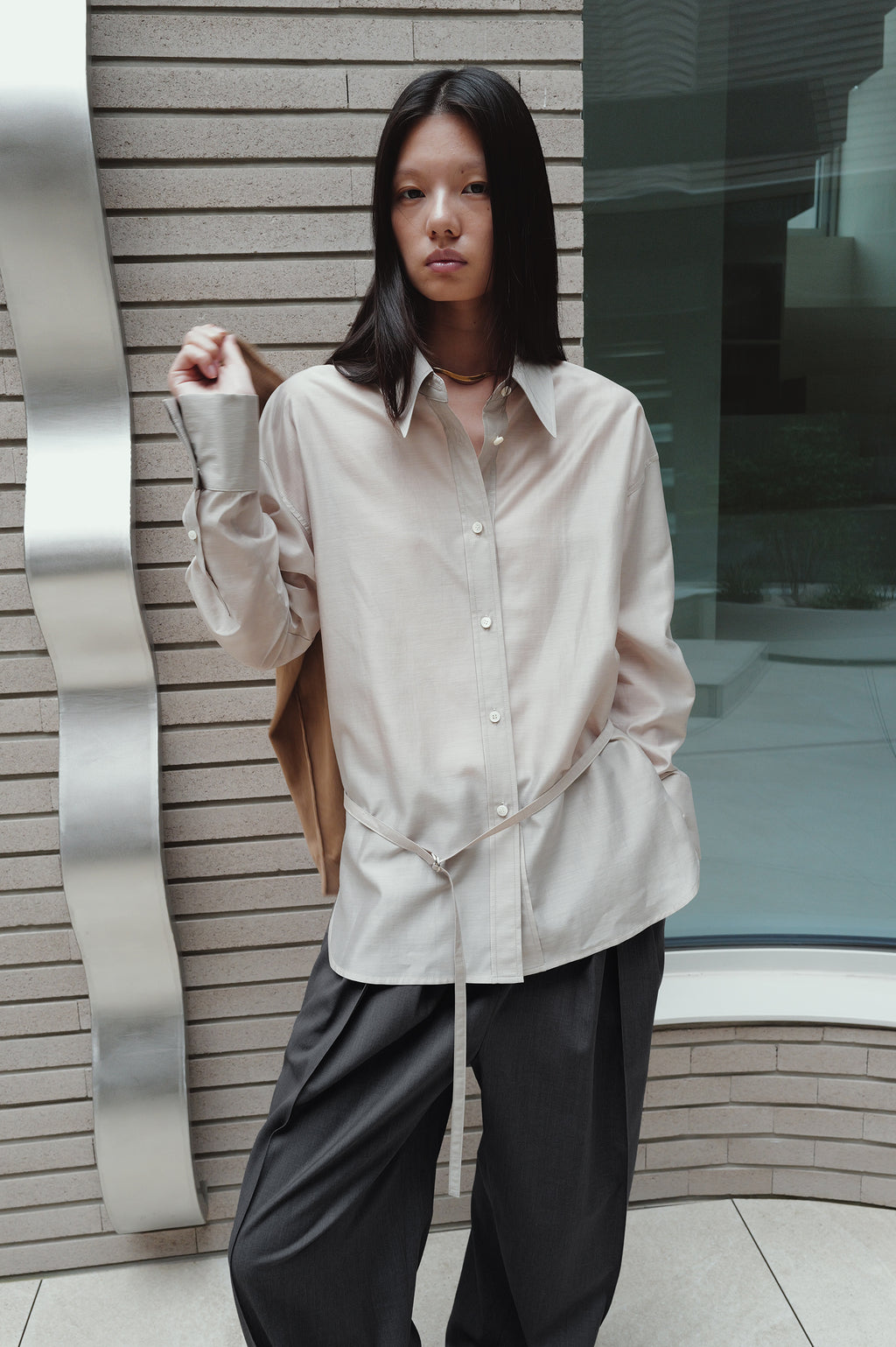 Belted Sheer Shirt Greige