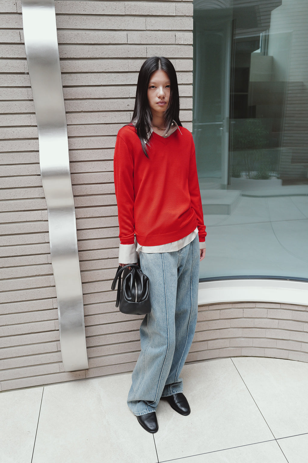 Washable 100% Wool V-neck Pullover Red