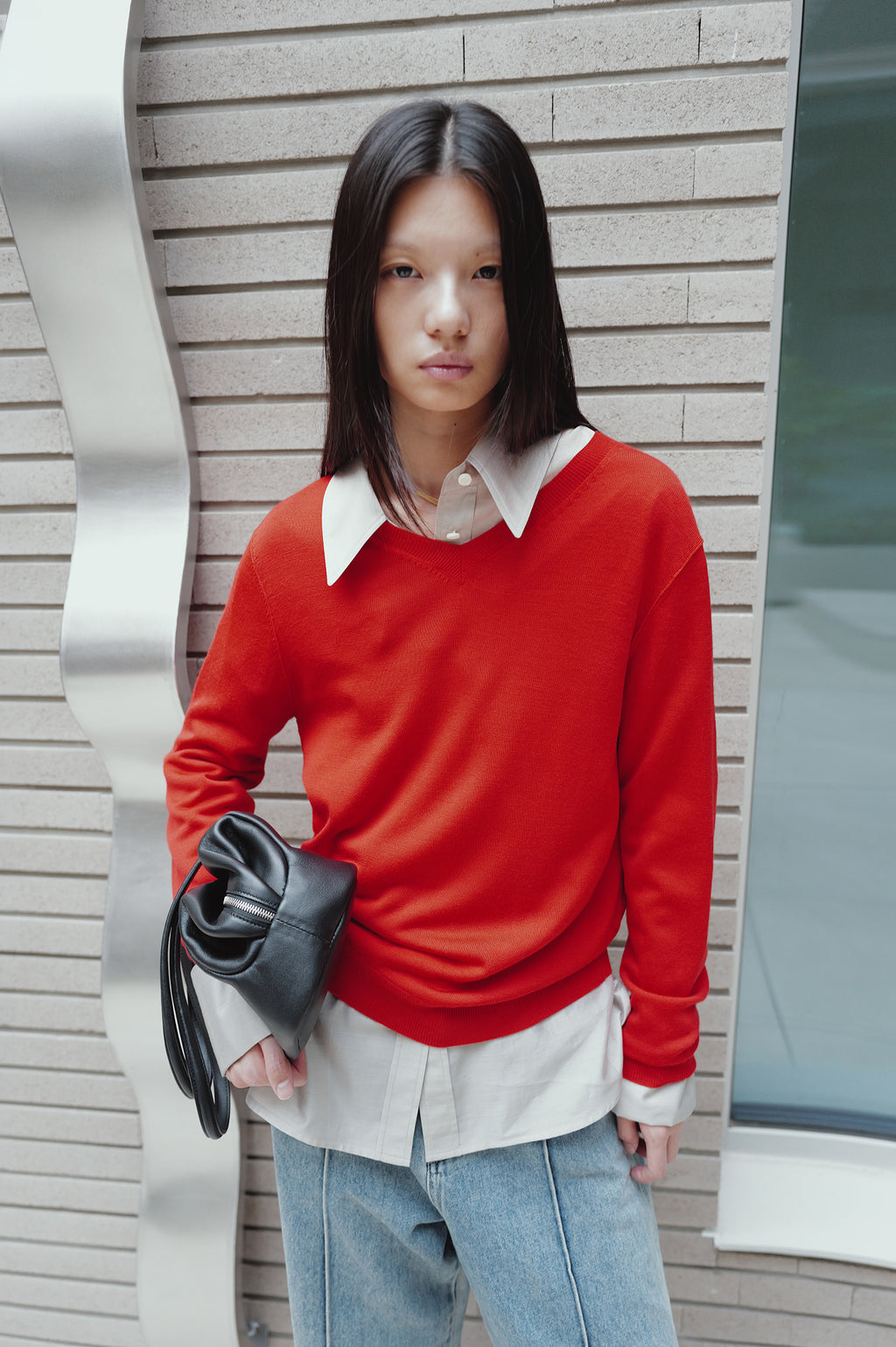 Washable 100% Wool V-neck Pullover Red