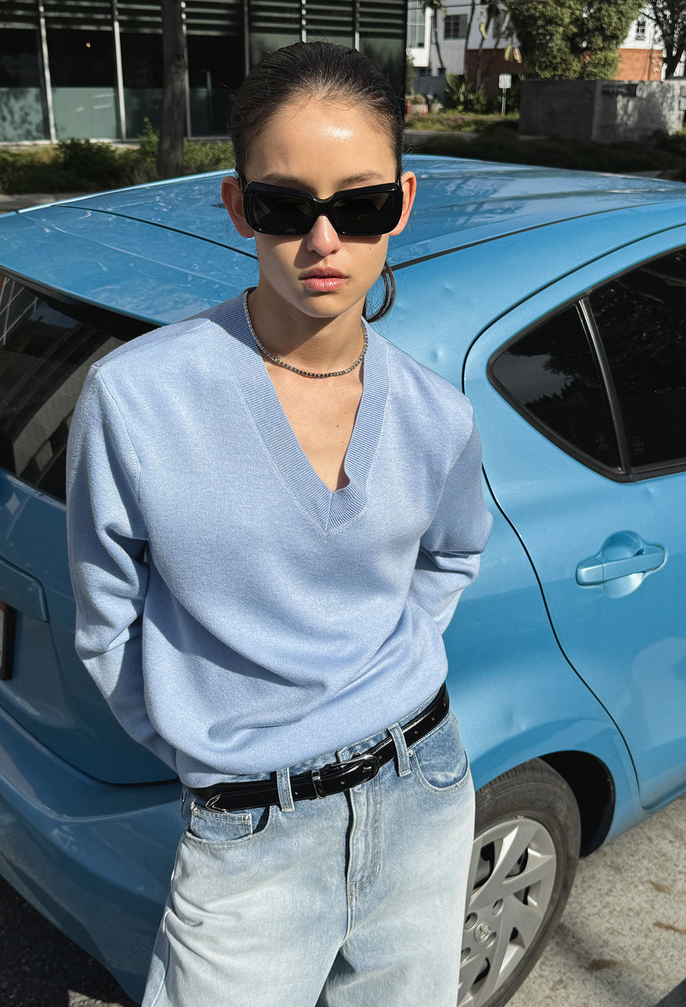 Spring Wool V-Neck Pullover Light Blue