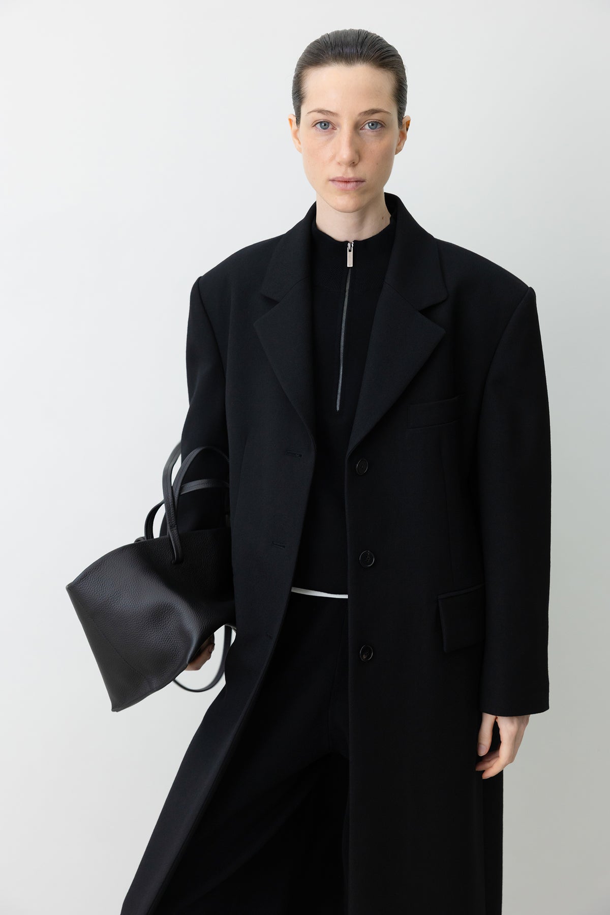 Washable Wool Cotton Half-Zip Knit Black