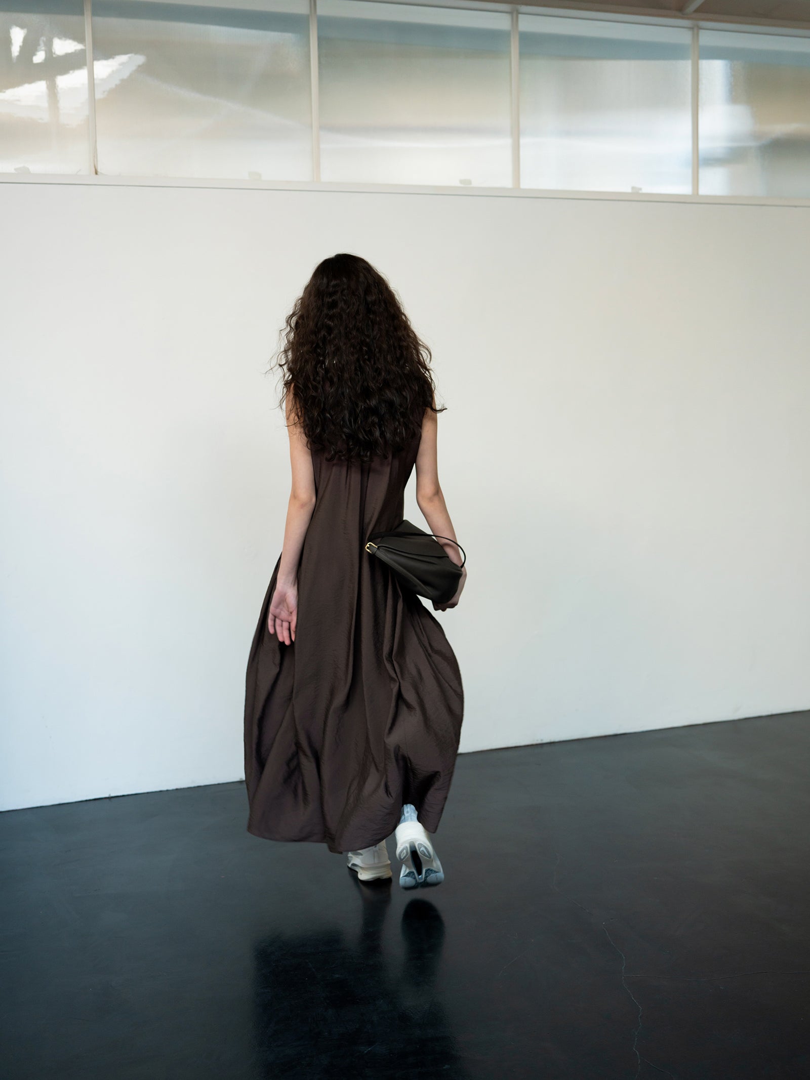 Flowy Shirring One-Piece Dress Brown