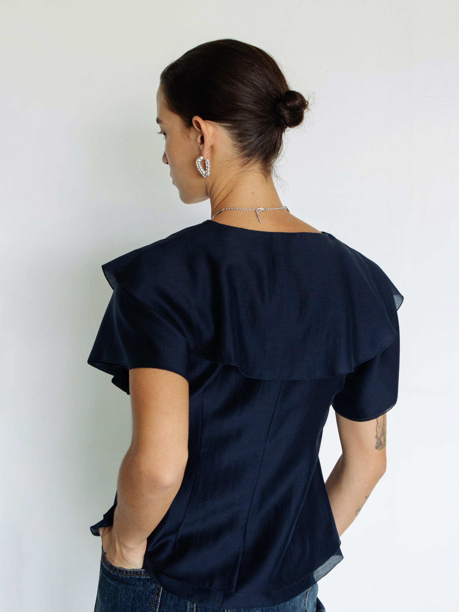 Ruffled Peplum Blouse Navy