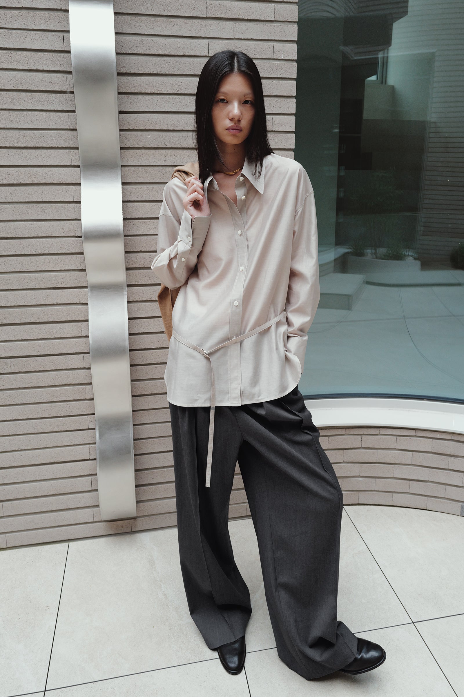 Belted Sheer Shirt Greige
