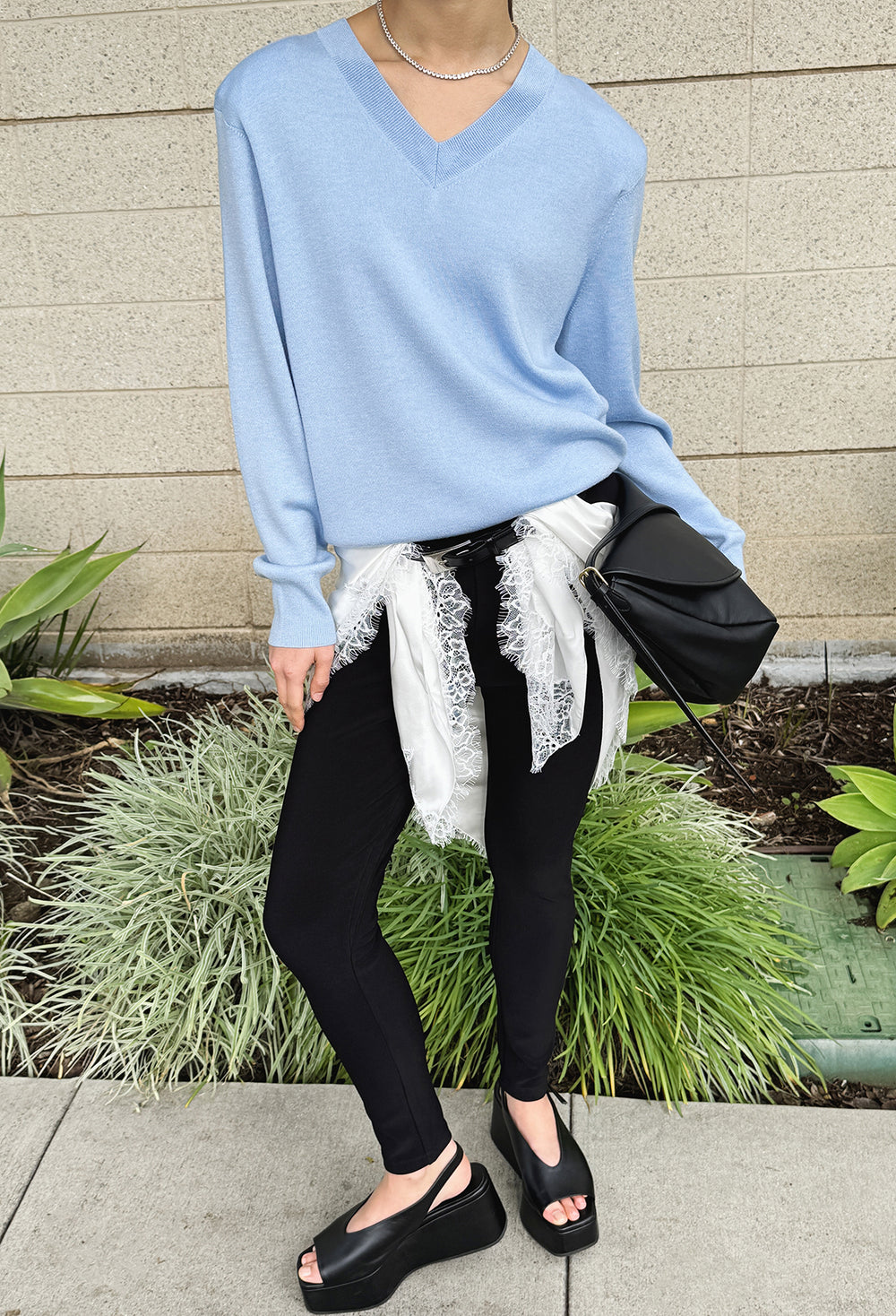 Spring Wool V-Neck Pullover Light Blue