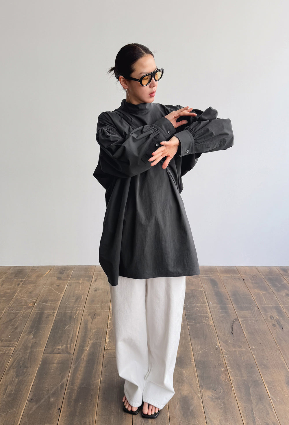 High-neck Shirred Blouse Dark Gray